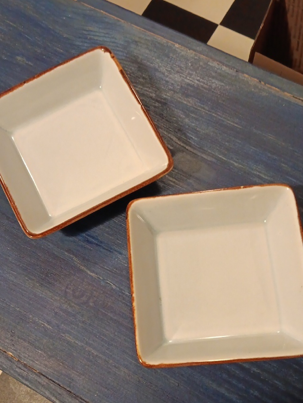 Glazed Square Ceramic Serving Bowls in White with Brown Edge